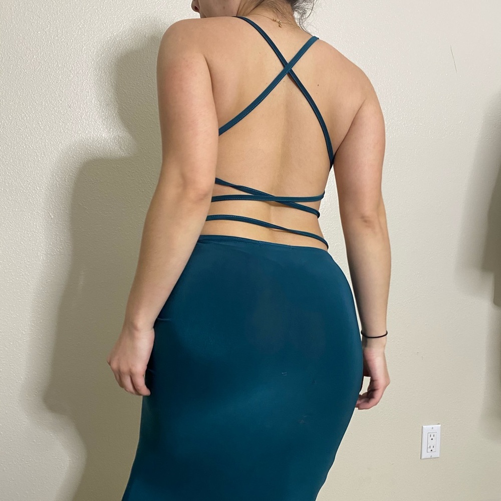 Midi Hunter Green slinky Dress with strappy back